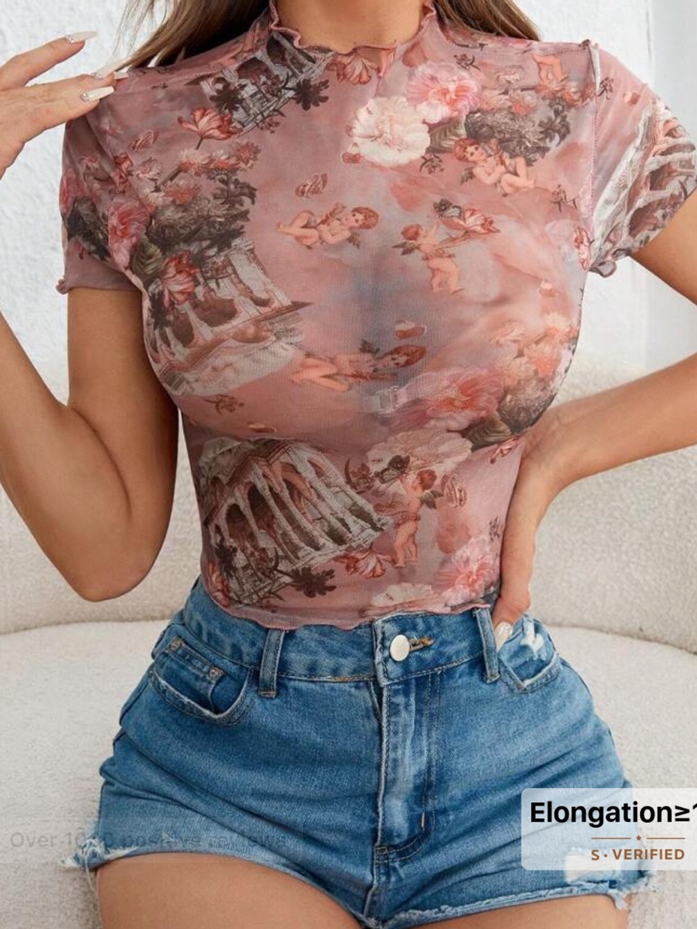 Sheer Floral Graphic Short Sleeve Top - Pink